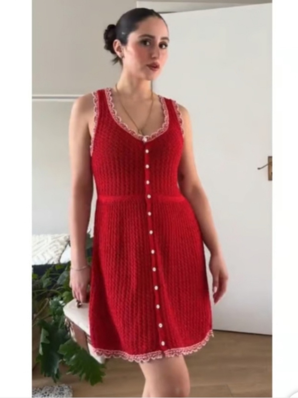 Zara Red Button-Front Knit Dress with Lace Trim in Sz: L - Picture 5 of 8